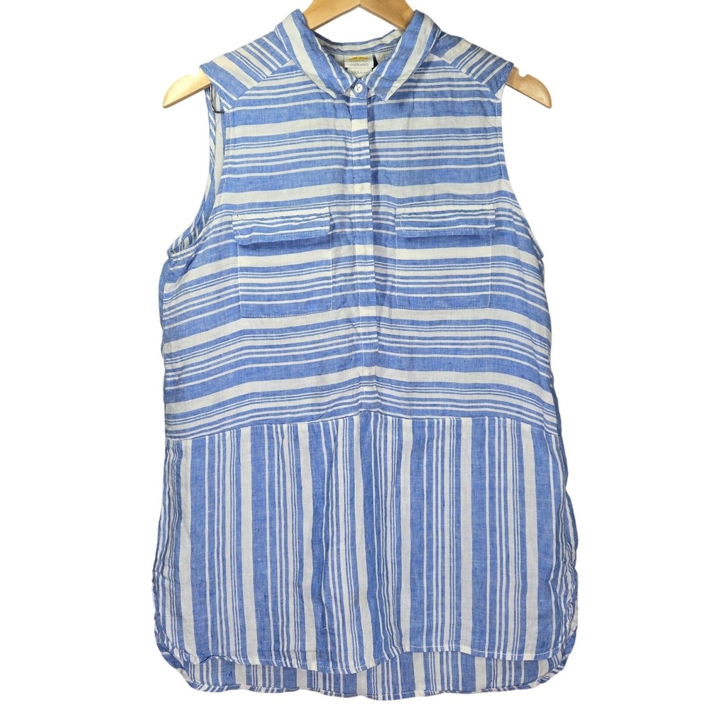C&C California Womens Blue‎ White Striped 100% Linen Sleeveless Button Up Top L